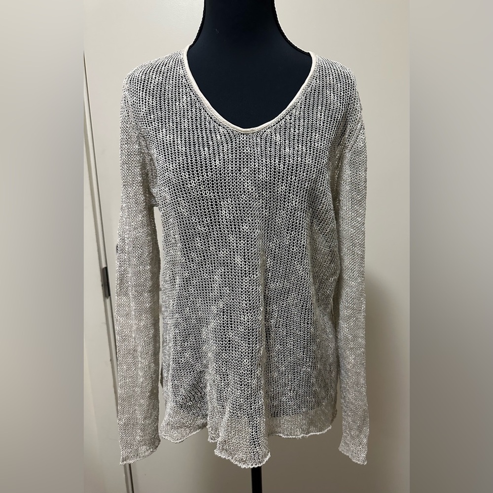Eileen Fisher Open Knit Long Sleeve Linen Blend Sweater in Tan. Size L